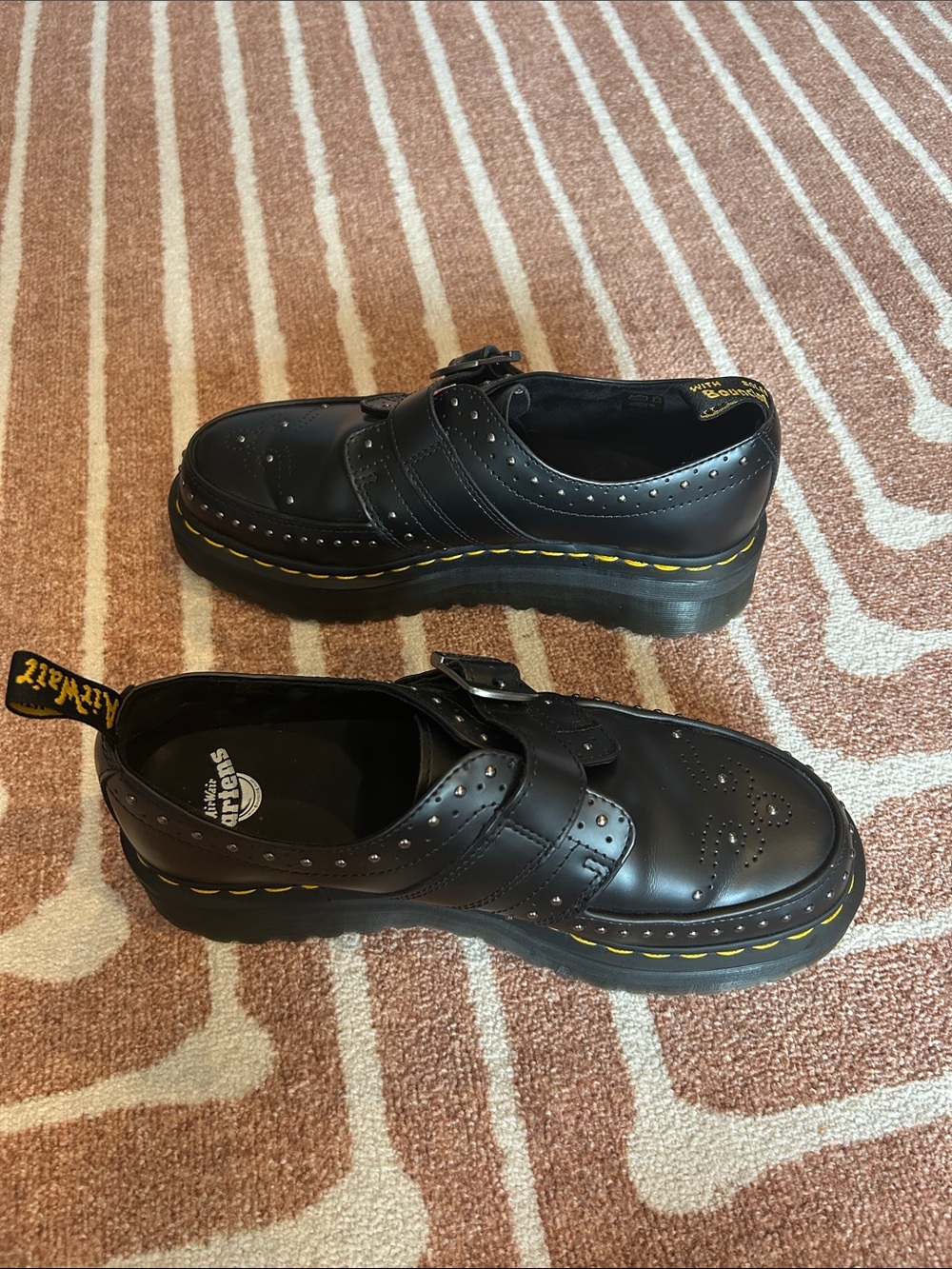 Dr. Martens Black Leather Studded Monk Strap Brogue with Yellow Stitching unisex - Picture 4 of 6